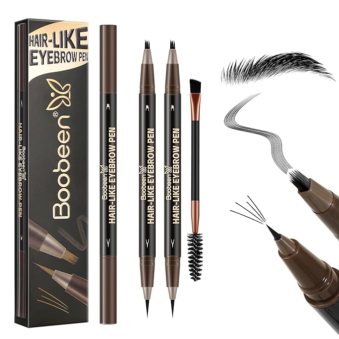 Boobeen 3pcs Waterproof Eyebrow Pen，Dual-Ended Eyeliner Microblading Eyebrow Pencil for Women，Long Lasting Hair-Like Brow Pen with Brow Brush，Dark Brown