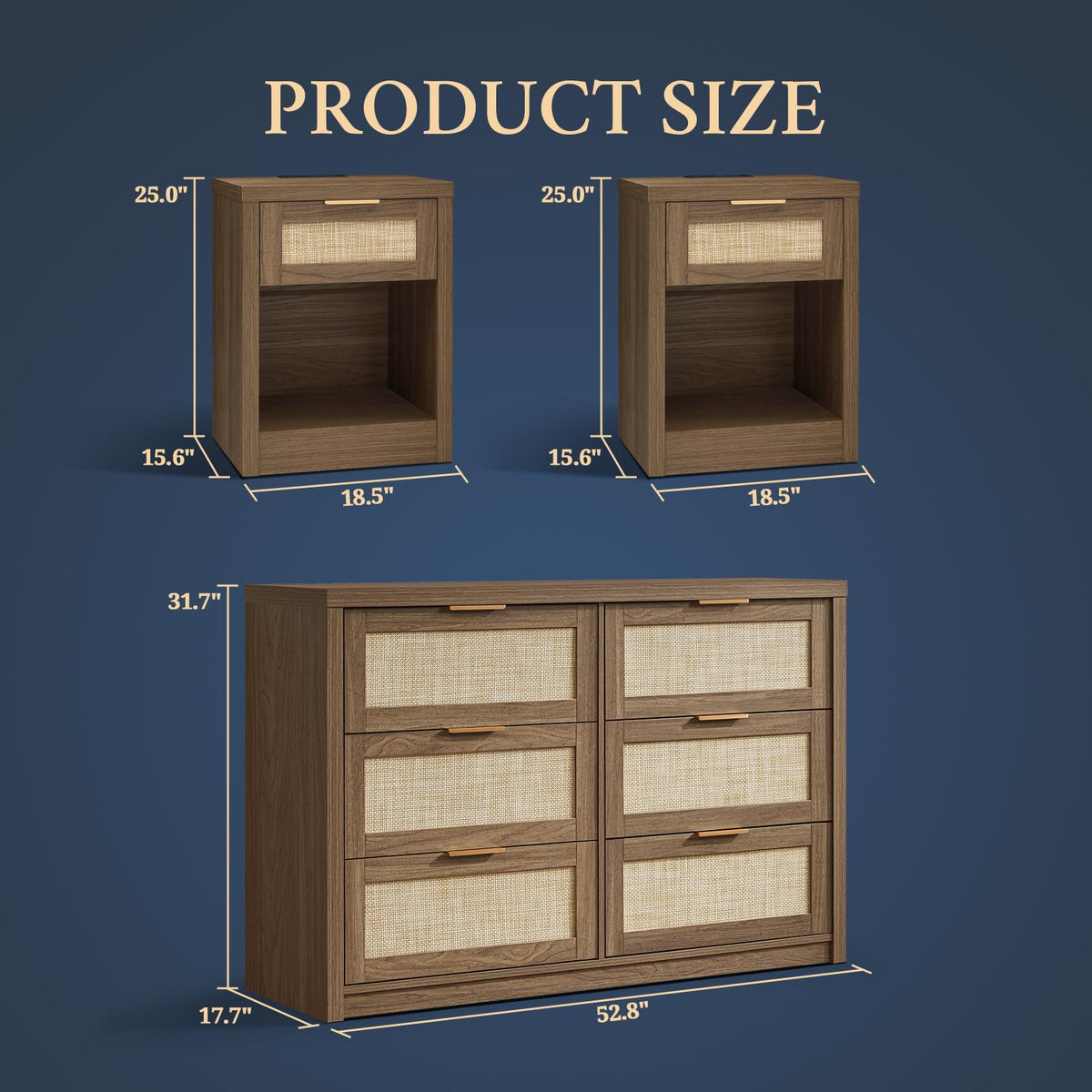 OAKHAM HOME Bedroom Dresser and Nightstand 3 Piece Set, Rattan 1 X 6 Drawer Dresser Boho Chest of Drawers, Night Stand Set of 2 with Type-C Charging Station