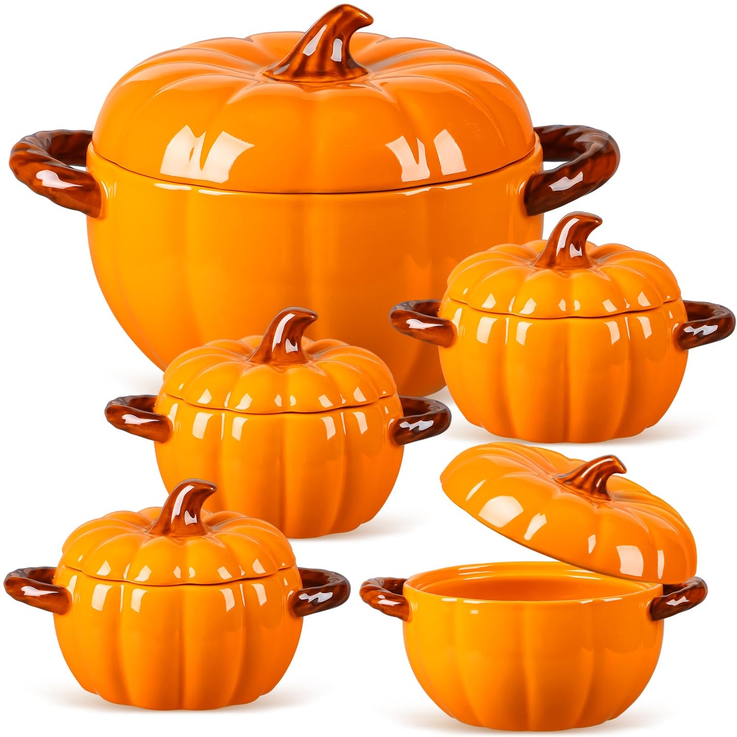Maxdot Set of 5 Ceramic Pumpkin Bowls with Lid and Handles Pumpkin Shape Soup Serving Pot Storage Jar for Fall Thanksgiving Halloween Party Kitchen Dessert Decoration 17Oz & 54Oz (Orange)