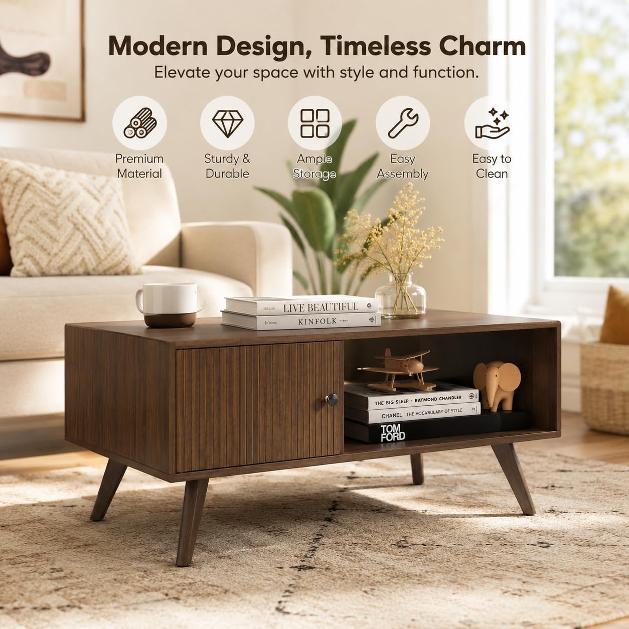 Manora Mid Century Modern Coffee Table with Storage Cabinet and Open Shelf, Wooden Living Room Table with Fluted Drawer and Solid Wood Legs, Walnut Finish Center Table for Small Spaces
