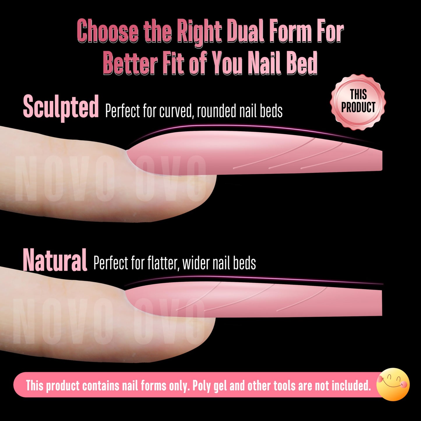 NOVO OVO Tapered Square (Sculpted) Nail Dual Forms for Poly Gel Extension with Guiding Line Inside, XL XXL Reusable Full Cover A