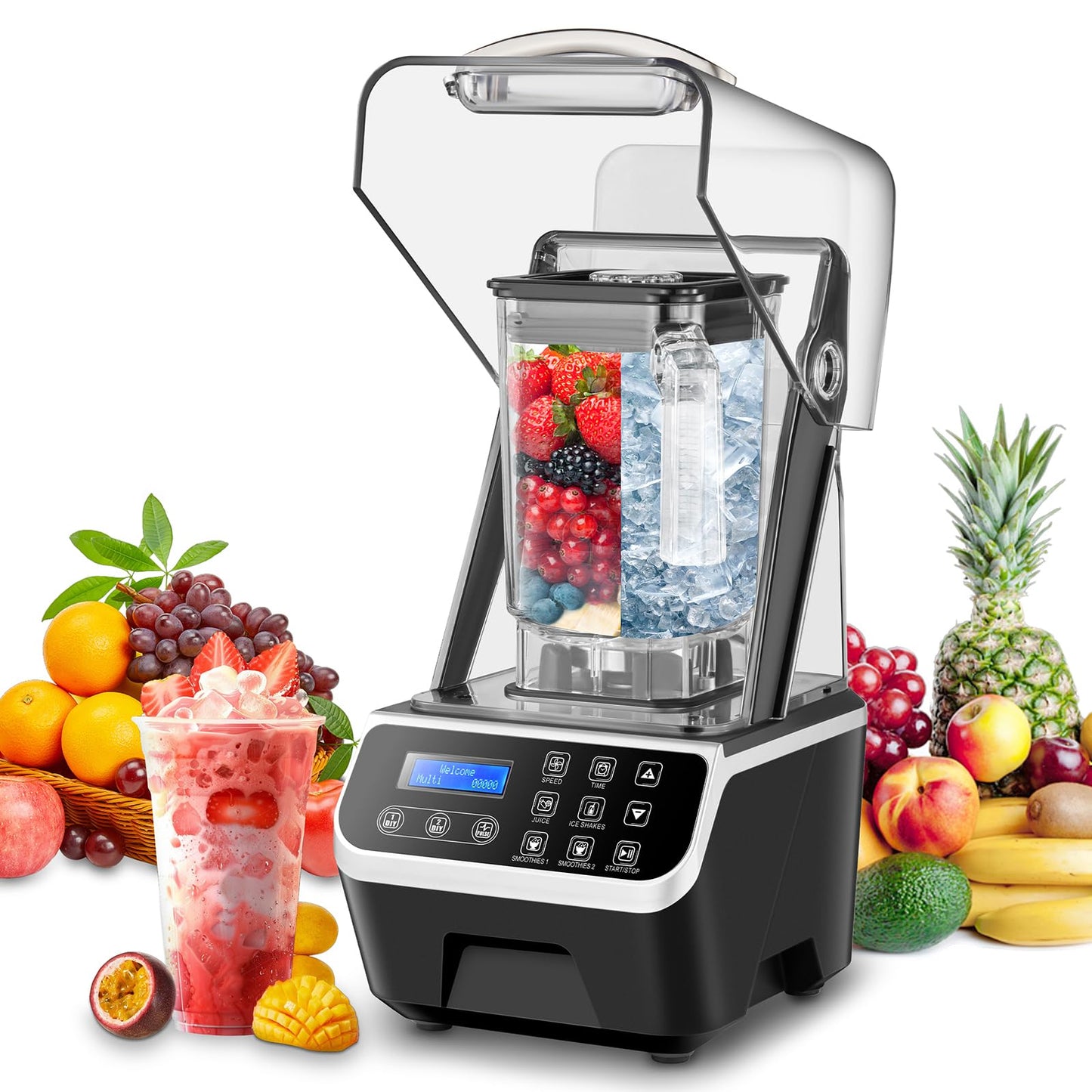 WaterElfo Commercial Blender 2200W 2.1QT 68OZ Quiet Blender Brushless Motors Commercial Smoothies, Frozen Drinks,Self-Cleaning，Electric Countertop Blenders Heavy-Duty,Silver Grey
