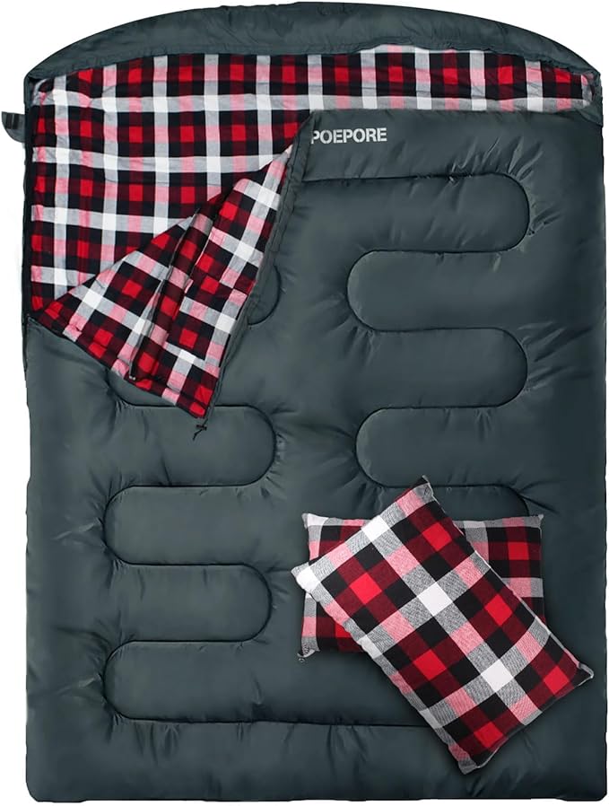 POEPORE Double Sleeping Bag Flannel for Adults with 2 Pillows 2 Person Sleeping Bags Camping XXL Queen Size Two Person Sle...