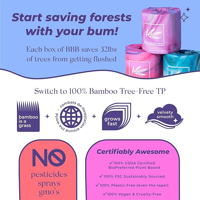 Bim Bam Boo 100% Bamboo Organic Chemical-Free Bulk Toilet Paper, Cloud-like Softness, Plant-Based Sustainable Tree-Free Bathroom Tissue, 24 Eco-Friendly Rolls, 2 Ply, 295 Sheets for RV and Camping