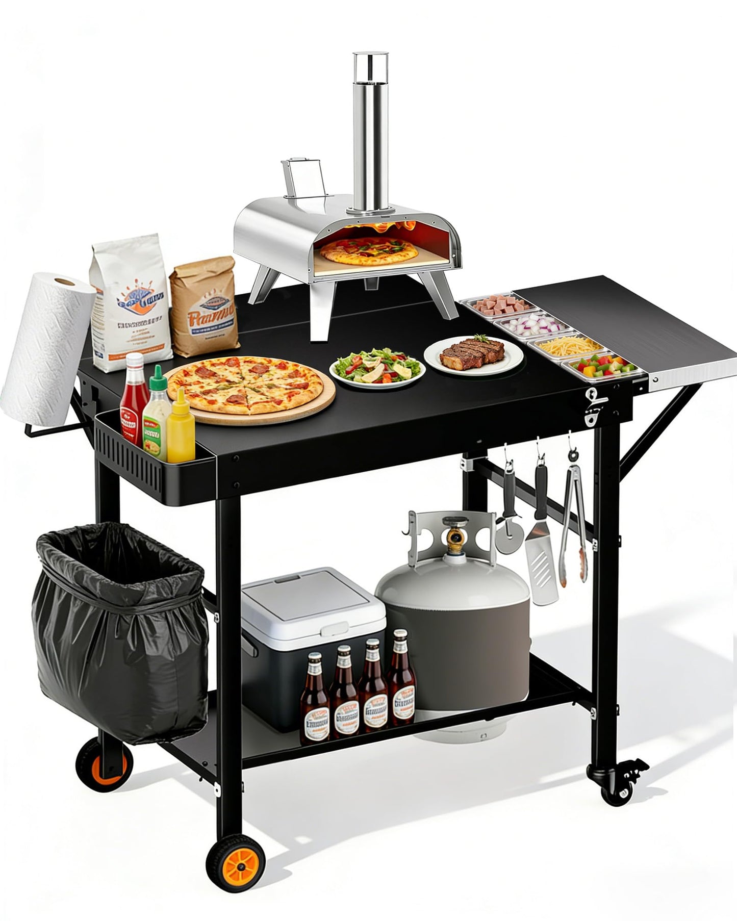 GANGSHELO Outdoor Pizza Oven Table with Topping Station, Portable Pizza Oven Cart with BBQ Prep Tables Station for Ninja Woodfire Grill, Blackstone Griddle, Tabletop Grill