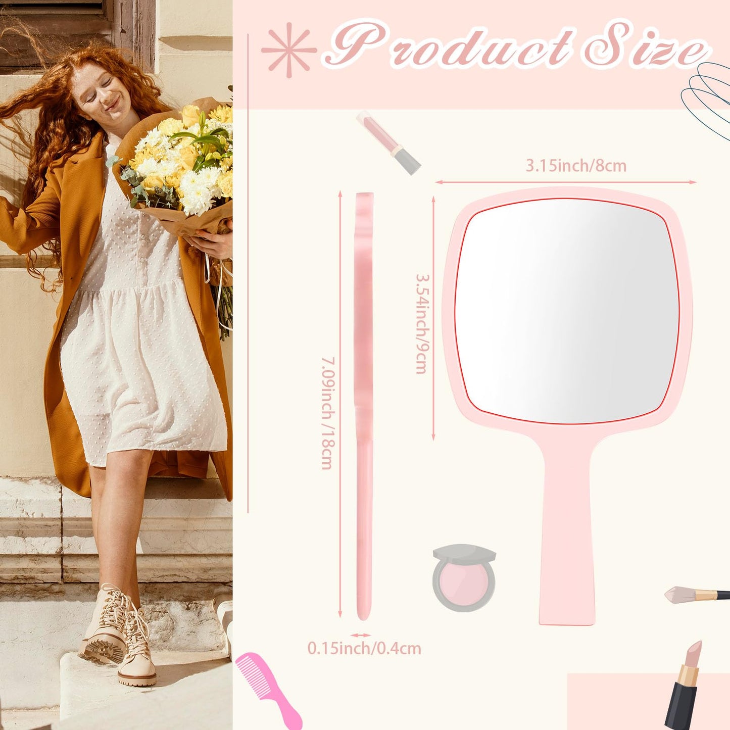 Threehoney 50 Pcs Hand Mirrors Handheld Mirrors with Handle Bulk Travel Cosmetic Makeup Tools Portable Vanity Glass for Bathroom