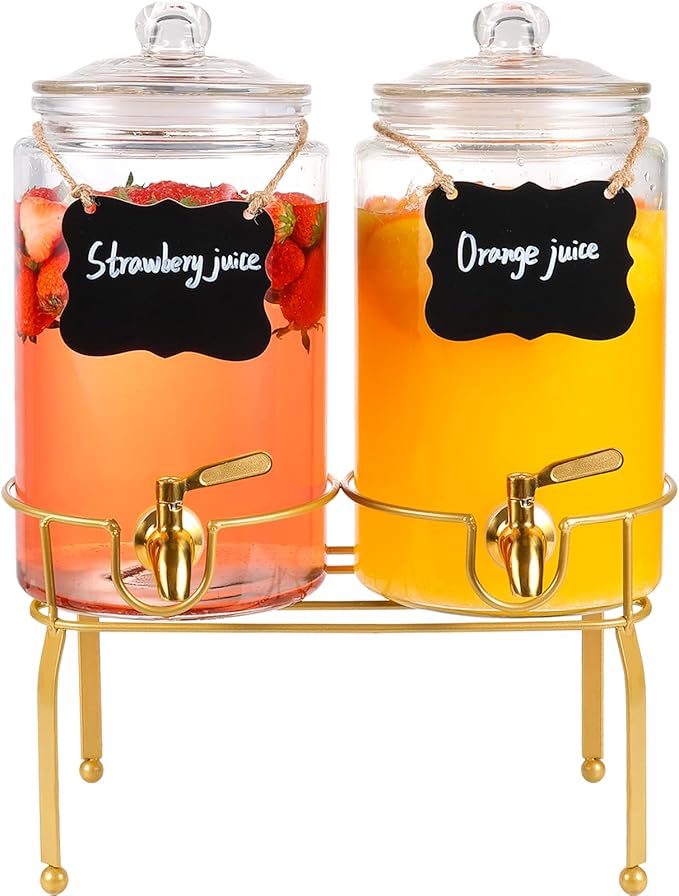 Drink Dispensers for Parties,2 Pack 1 Gallon Beverage Dispenser with Stand,Drink Dispenser With Glass Lid and Stainless St...