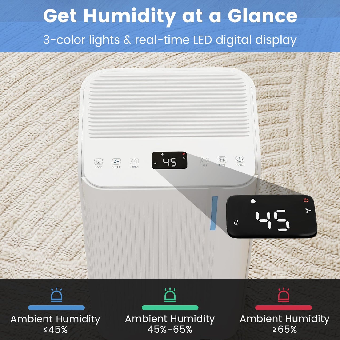 DORTALA 32 Pints Home Dehumidifier, 2000 Sq.Ft Portable Dehumidifiers with Drain Hose and Wheels, 3 Modes, 24H Timer, 3-Color Lights for Bathroom, Bedroom, Basement