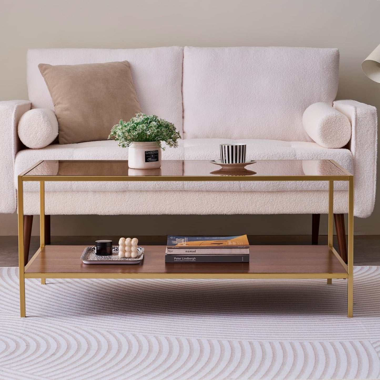 LumFurn Glass Coffee Table for Living Room and Bedroom, 2-Tier Mid-Century Modern Table with Amber Tempered Glass Top and Walnut Finish Wood Shelf, Metal Legs with Gold Finish