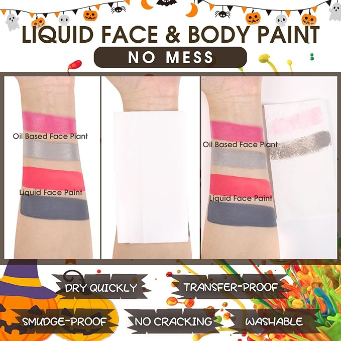 BOBISUKA Black Face Body Paint Liquid Texture Washable Non Toxic Facepaint Fast Drying Foundation Makeup for Halloween Clown Skeleton Skull Cosplay SFX Costume Party Large Capacity(130ml)