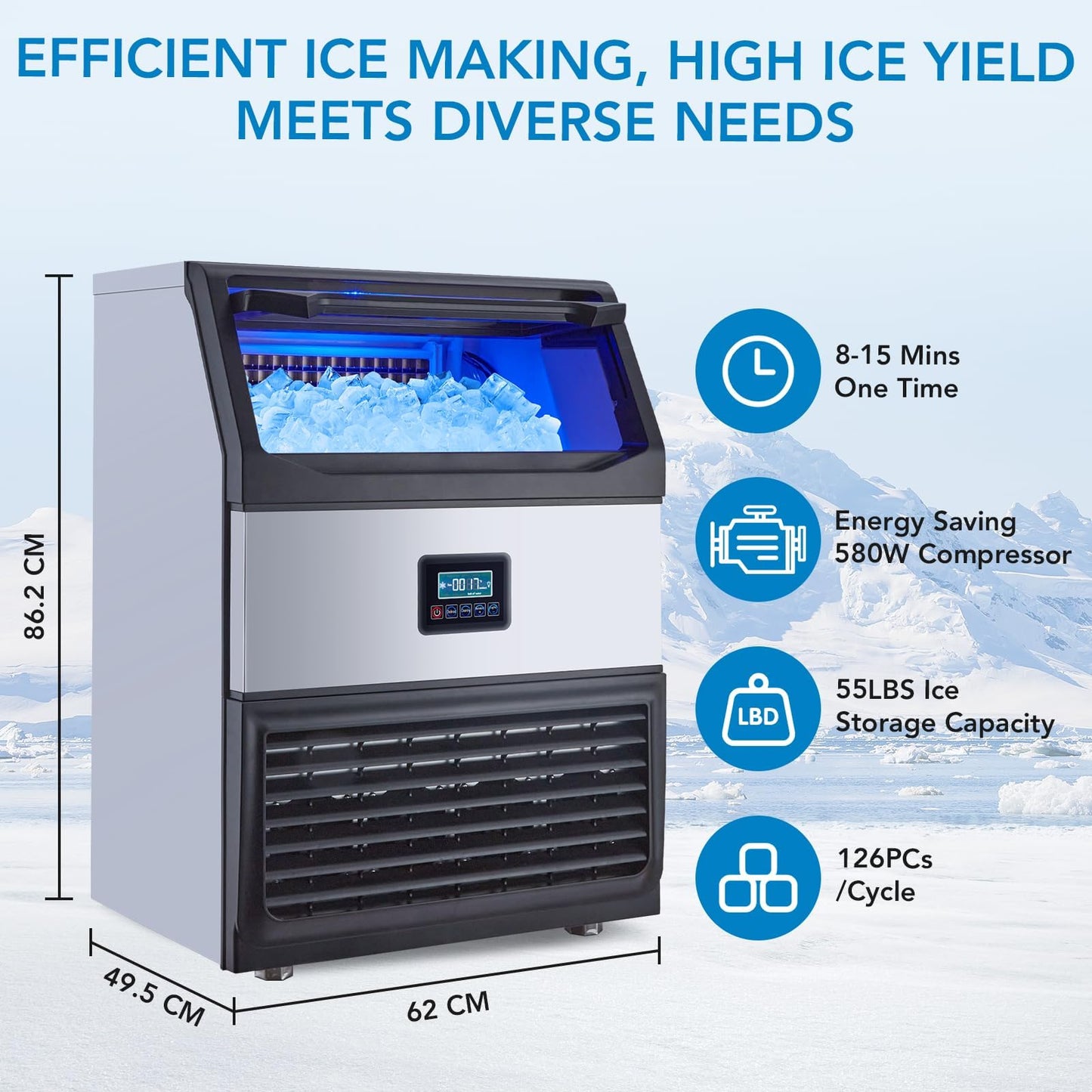 Commercial Ice Maker Machine with LED Display, 265Lbs/24h Production with 55Lbs Storage, Quiet & Energy-Saving 580W Compressor, Stainless Steel Industrial Ice Machine for Ice,for Bar, Restaurant,Cafe