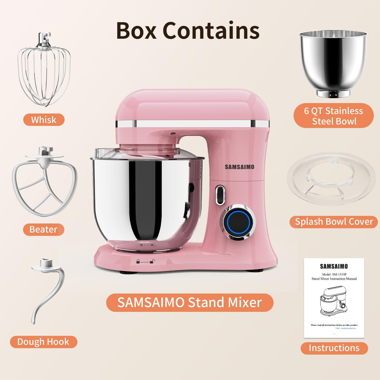 SAMSAIMO 3-IN-1 Electric Stand Mixer, 10-Speed With Pulse Button, Attachments include 6.5QT Bowl, Dough Hook, Beater, Whisk for Most Home Cooks, Sakura Pink