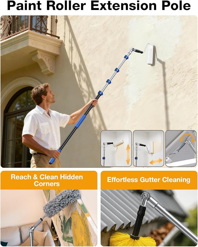 Telescoping Pole, 1.4-3 Ft with Joint Angle & Squeegee Adaptor, Aluminum Telescopic Paint Roller Extension Pole & Extendable Pole, Anti-Slip Foam Grip, Multi-Purpose Gutter Window Dust Cleaning Pole