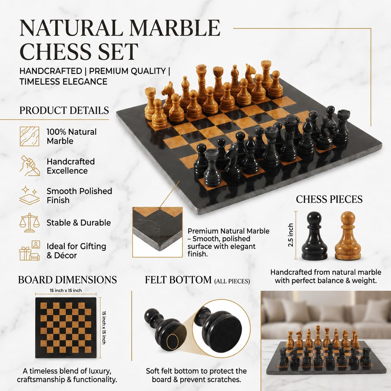 Radicaln Marble Chess Set 15" Inches Black and Golden Handmade Luxury Board Games for Adults, Ideal Marble Chess Board Game Set & Chess Pieces