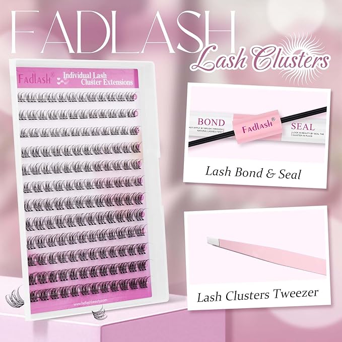 FADLASH Natural Lash Extension Kit Lash Clusters Kit 9-12mm Cluster Lashes Eyelash Exctensions with Lash Bond and Seal and Lash Tweezers DIY at Home (SLYW Kit)