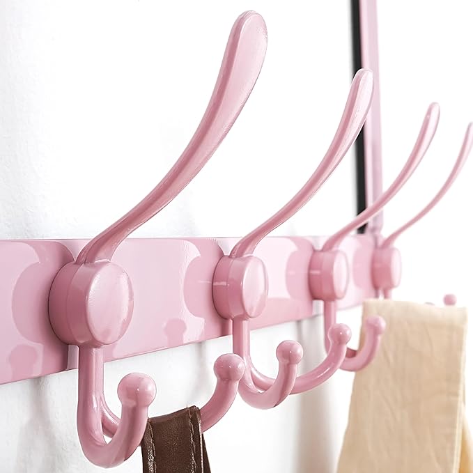 Dseap Over The Door Hook Hanger - 5 Tri Hooks, Heavy Duty Over The Door Towel Rack Coat Rack for Clothes Hat Towel, Pink, 2 Packs