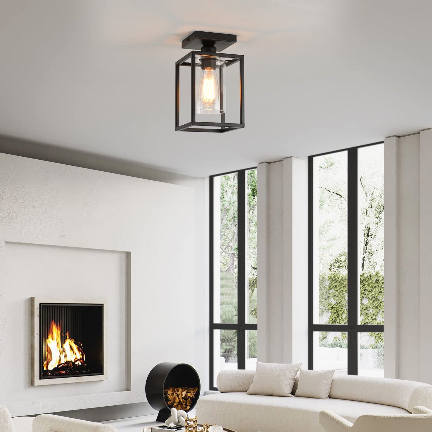 IHENGYANLT 1 Pack Semi Flush Mount Black Metal Frame Ceiling Light with Clear Glass Shade, Farmhouse Fixture for Kitchen, Island, Entryway, Porch, Foyer, Dining Room