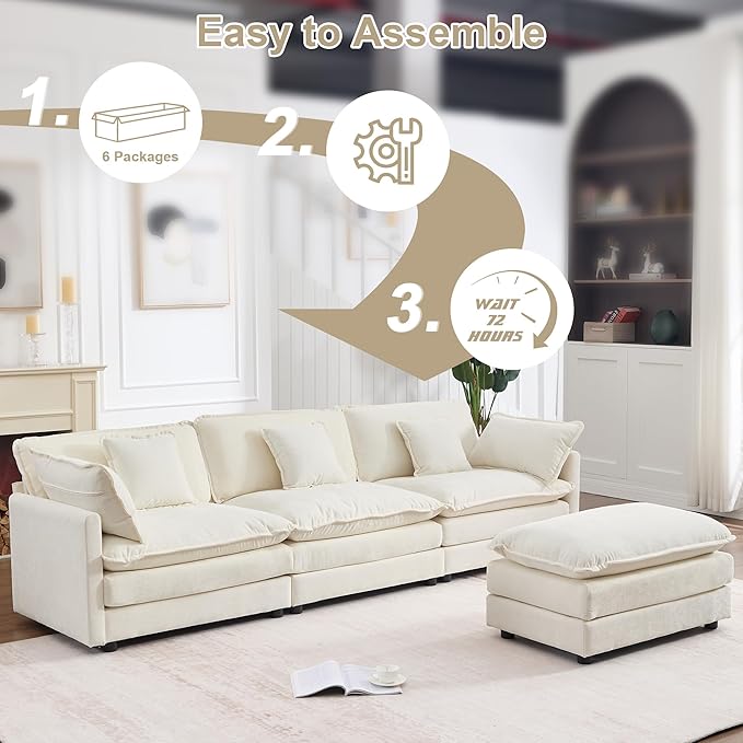 KIVENJAJA 111.5”W Chenille L-Shaped Modular Sectional Sofa, Modern 3-Seater Comfy Deep Seat Cloud Couch with Ottoman/Chaise & 5 Pillows for Living Room Office Apartment, Beige