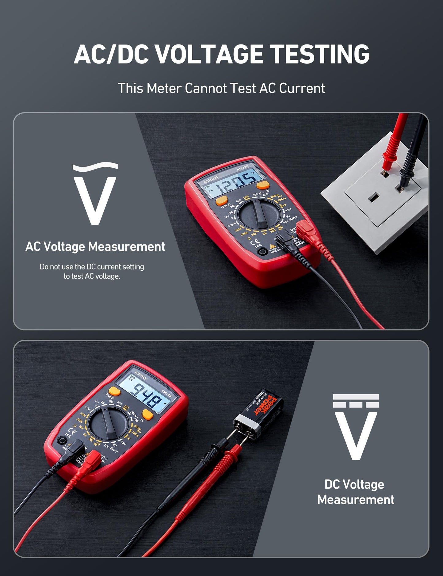 AstroAI Digital Multimeter Tester 2000 Counts with DC AC Voltmeter and Ohm Volt Amp Meter; Measures Voltage, Current, Resistance, Continuity and Diode, Black