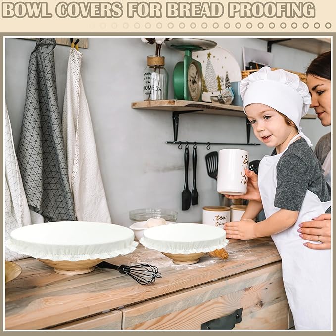 Patelai 10 Pcs Bowl Covers Reusable in 5 Size Stretch Cloth Fabric Elastic Food Storage Bowl Covers Bread Sourdough Lids for Proofing Food Fruits Leftover(White,Ivory Style)