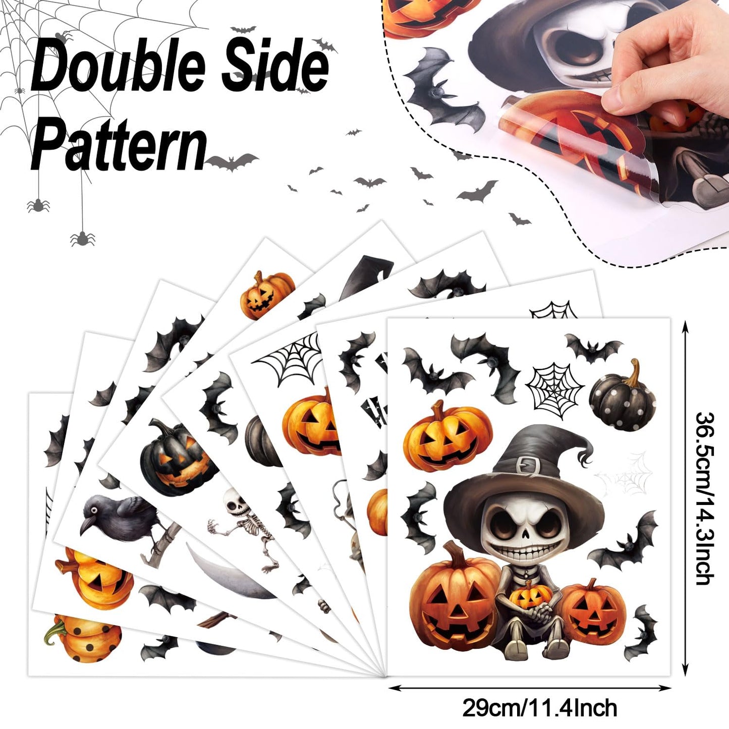 CCINEE 8 Sheet Spooky Skeleton Halloween Window Clings Sticker, Double Sided Skeleton Bat Pumpkin Gel Window Clings for Halloween Party Glass Decals Indoor Mirror Wall Decoration