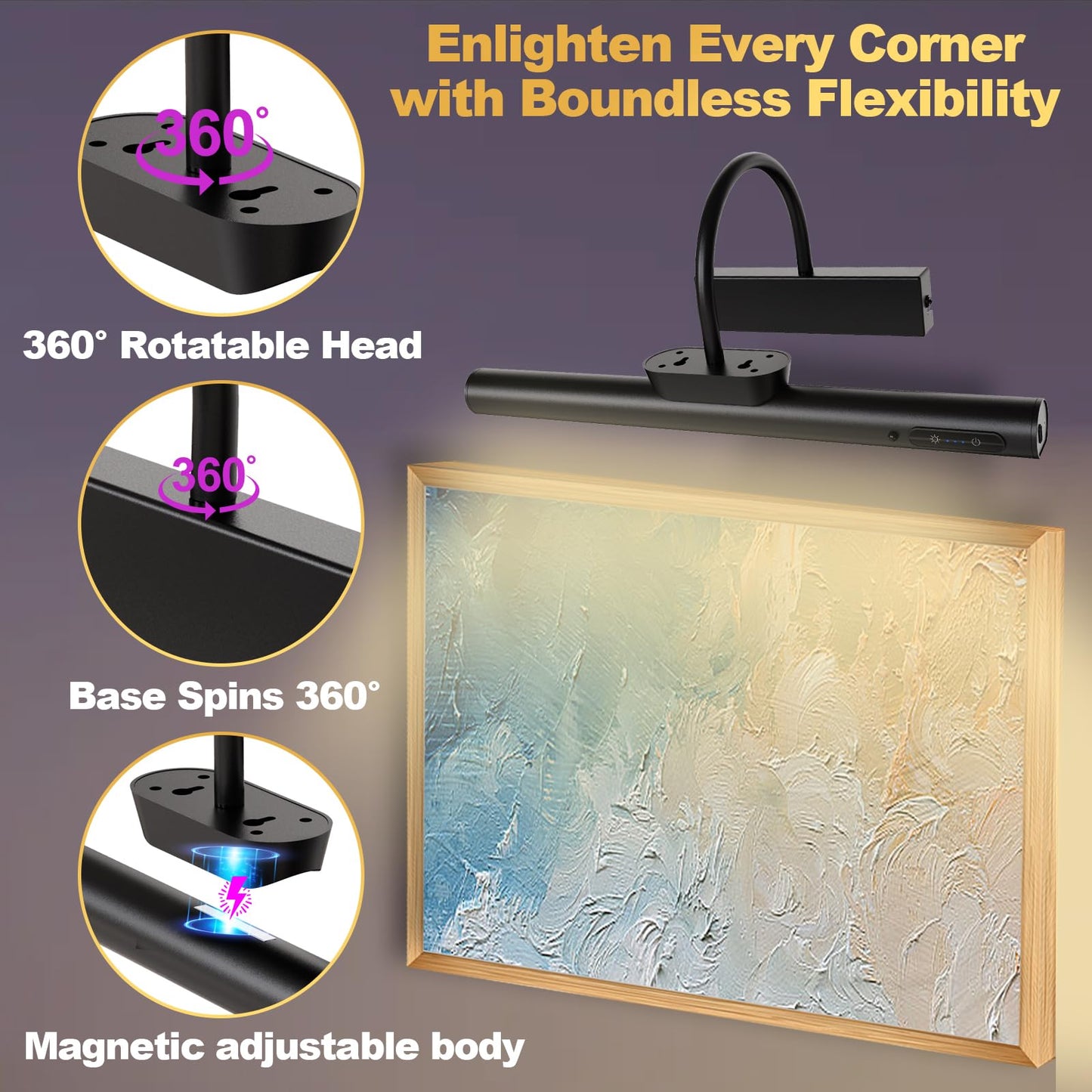 LYTARA Dimmable Cordless Picture Light with Controller and Timer, Rechargeable Battery Wall Sconce for Wall Pictures, Gallery Artwork, Paintings, Portraits, Dartboards (Black)