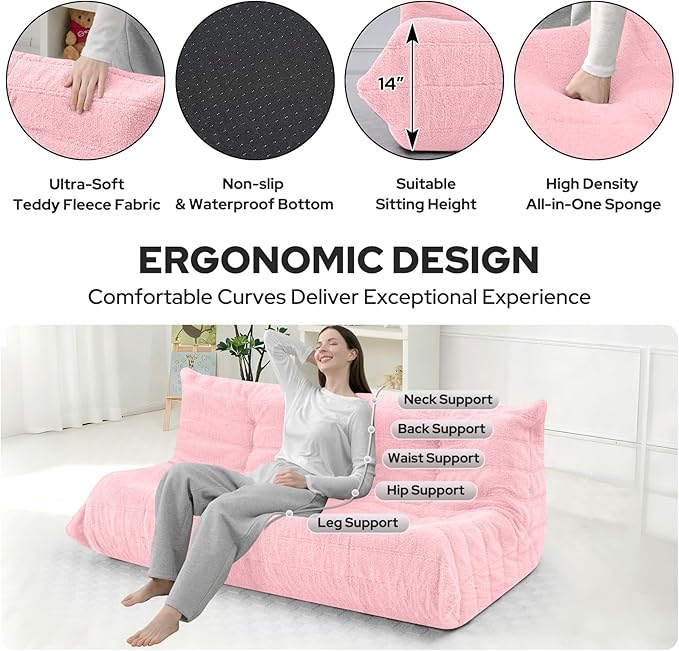 HABUTWAY Bean Bag Chairs Fireside Lazy Floor Sofa, Soft Teddy Fleece 3 Seater Sofa with High-Resilience Foam Filling，Beanbag for Living Room, Bedroom, Office (Pink Teddy)