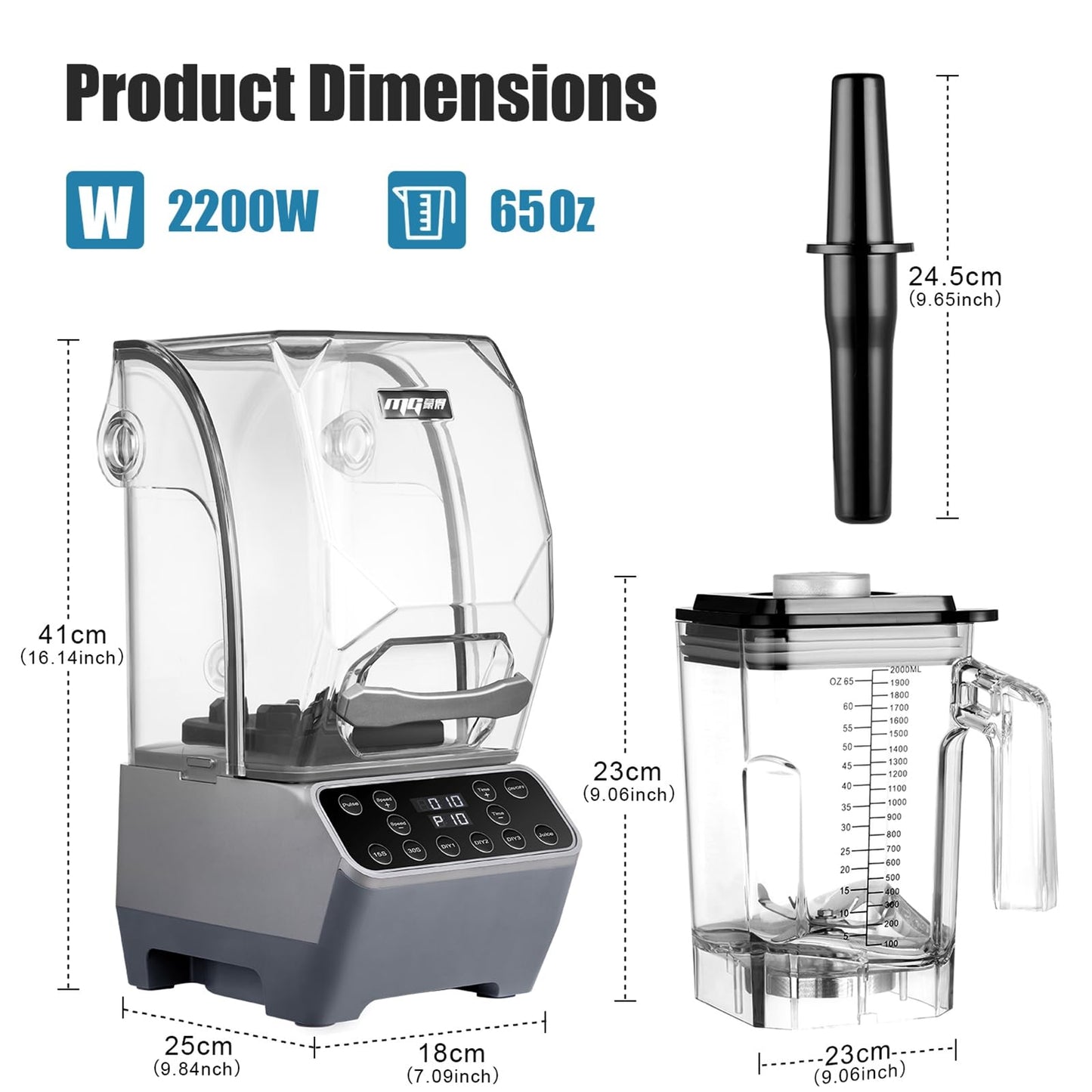 MOGAN Commercial Blender with Sound Shield, 2200W Quiet Smoothie Blender, 65oz Heavy Duty Industrial Professional Mixer for Kitchen & Restaurant, 10 Speeds, Self-Cleaning