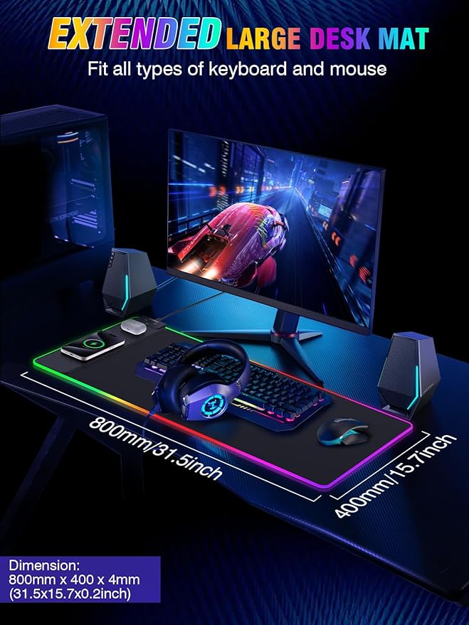 Wireless Charging Mouse Pad 15W, RGB Gaming Mouse Pad with Wireless Charger for iPhone/Airpods, 31.5"x15.7" XXL Large Desk Mat, 13 Light Modes, Magnetic Charging, Waterproof, Desk Pad for Gamer, Black