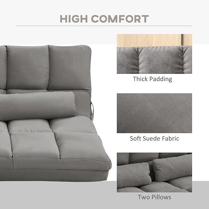 HOMCOM Convertible Floor Sofa Chair, Folding Couch Bed, Guest Chaise Lounge with 2 Pillows, Adjustable Backrest and Headrest, 51.25" L, Dark Gray