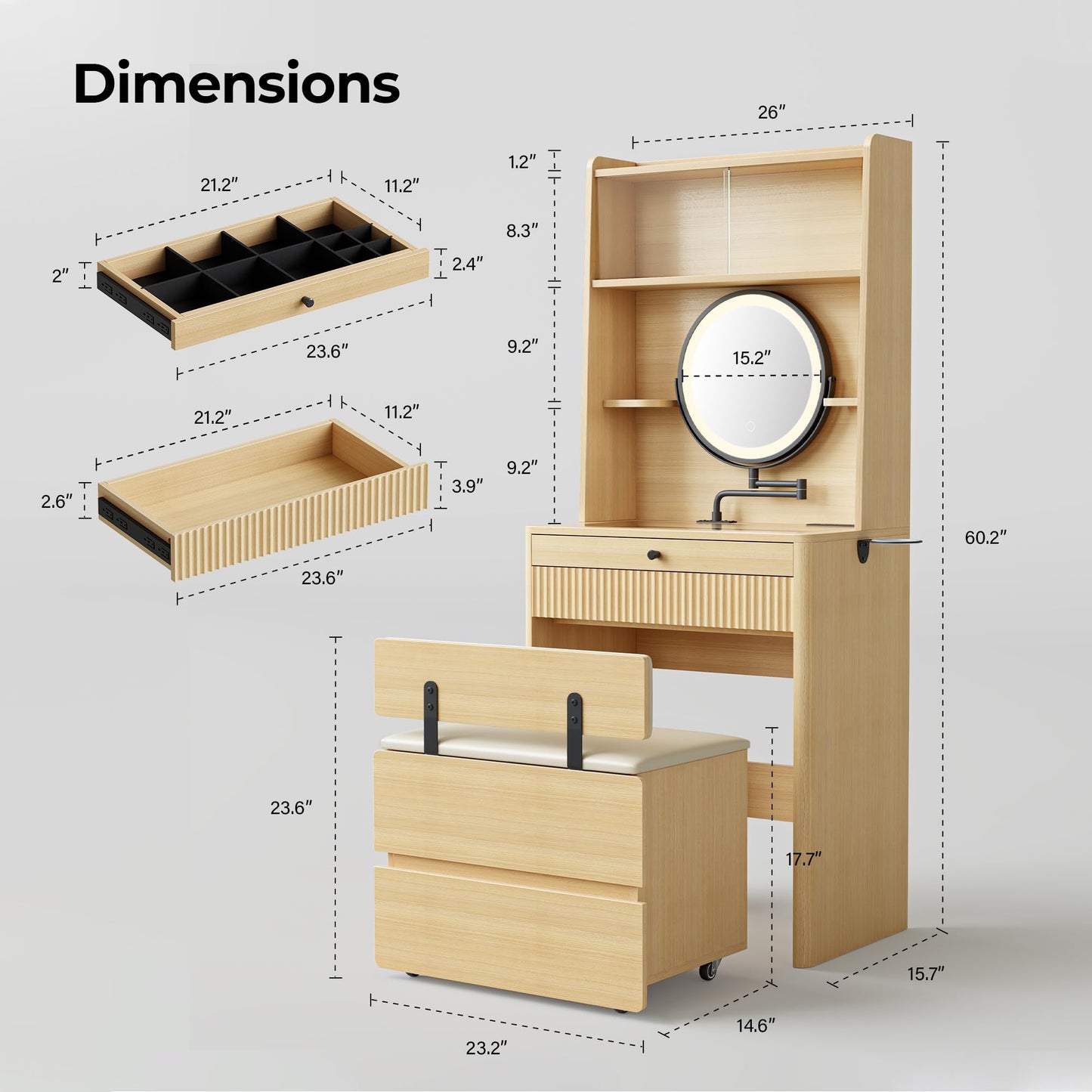 IRONCK Small Vanity Desk with Adjustable Makeup Mirror and LED Lights, Modern Glass Top w/Drawers, Shelves & Hidden Stool Storage, Dressing Table Set w/Charging Station for Bedroom, Oak