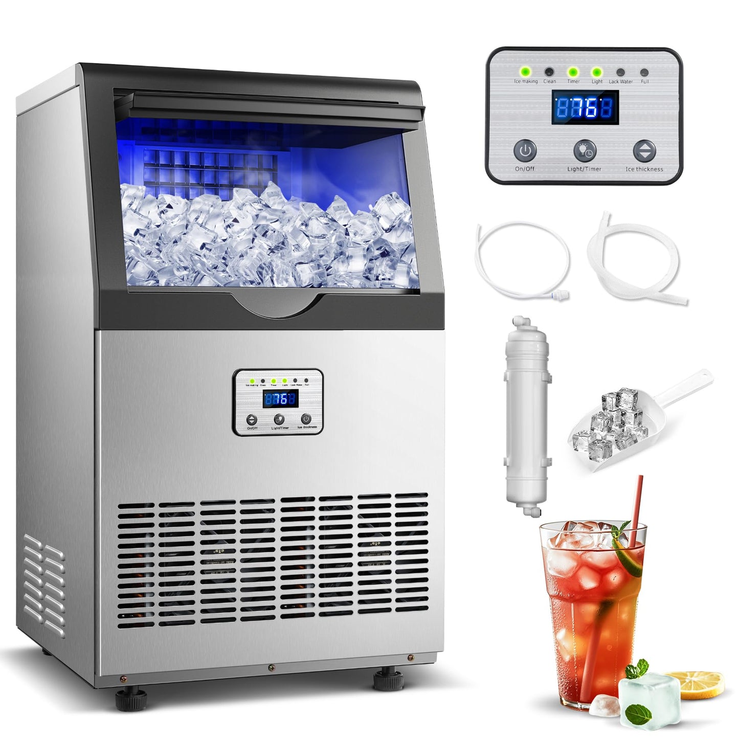 Amzgachfktch Commercial Ice Maker, 110lbs/24H Ice Maker Machine, Auto Self-Cleaning, LED Digital Display, Blue Light, Under Counter/Freestanding Ice Machine for Home/Office/Restaurant/Bar