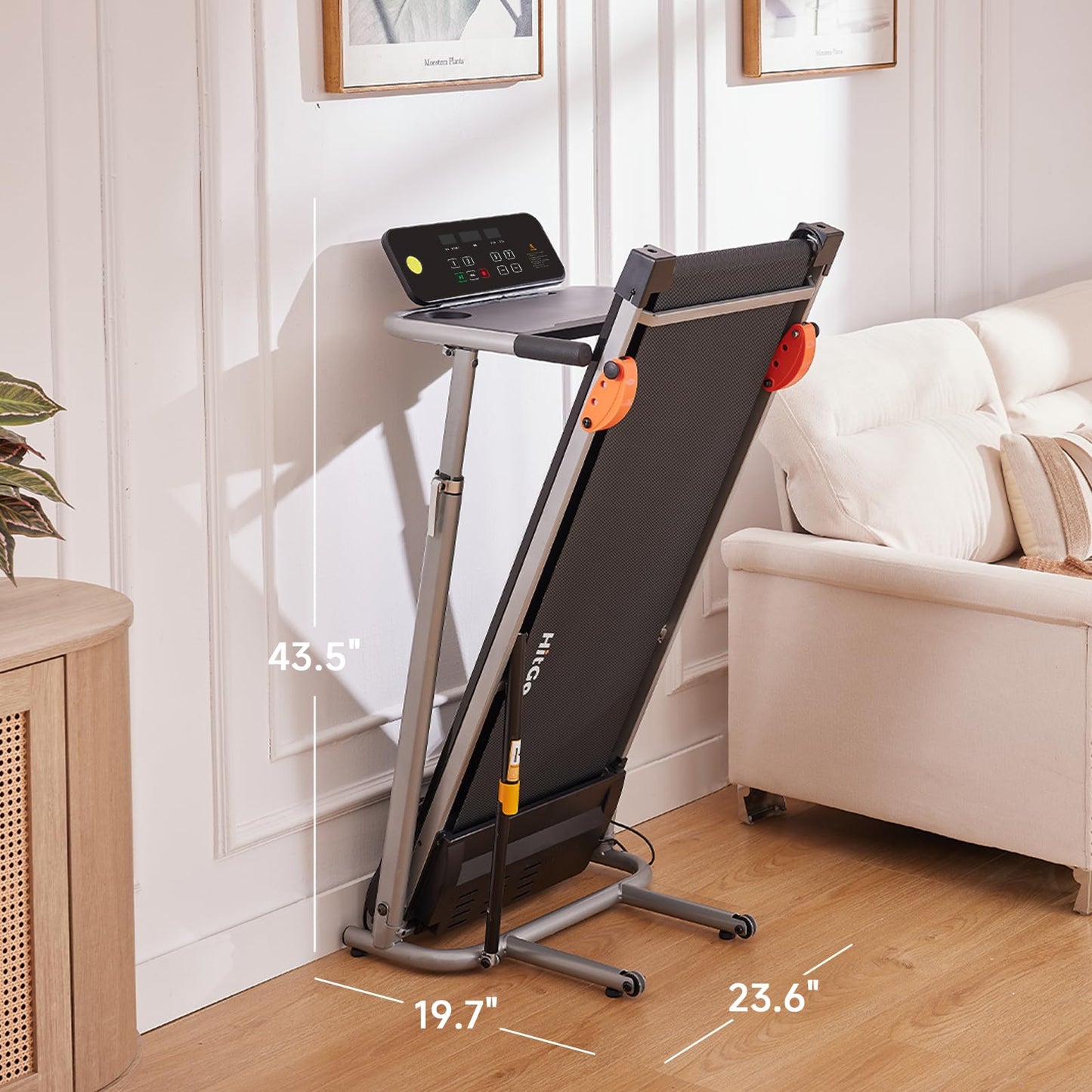 HitGo 2-in-1 Folding Treadmill with Height Adjustable Desk, 8.0 MPH Running Machine, Standalone Workstation Treadmill, Pneumatic Vertical Folding, FitShow/Kinomap, 265lbs Capacity,Black