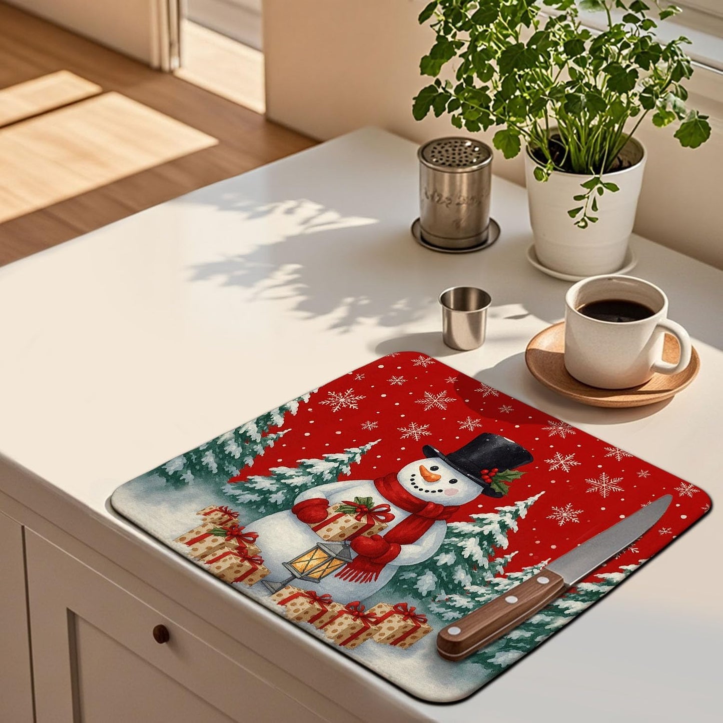 Red Christmas Drying Mat for Kitchen Counter 18" X 24" Christmas Dish Drying Mat for Kitchen Decor Snowman Xmas Drying Mats For Home Counter Drying Mats For Dishes Dish Mat Drying Mat