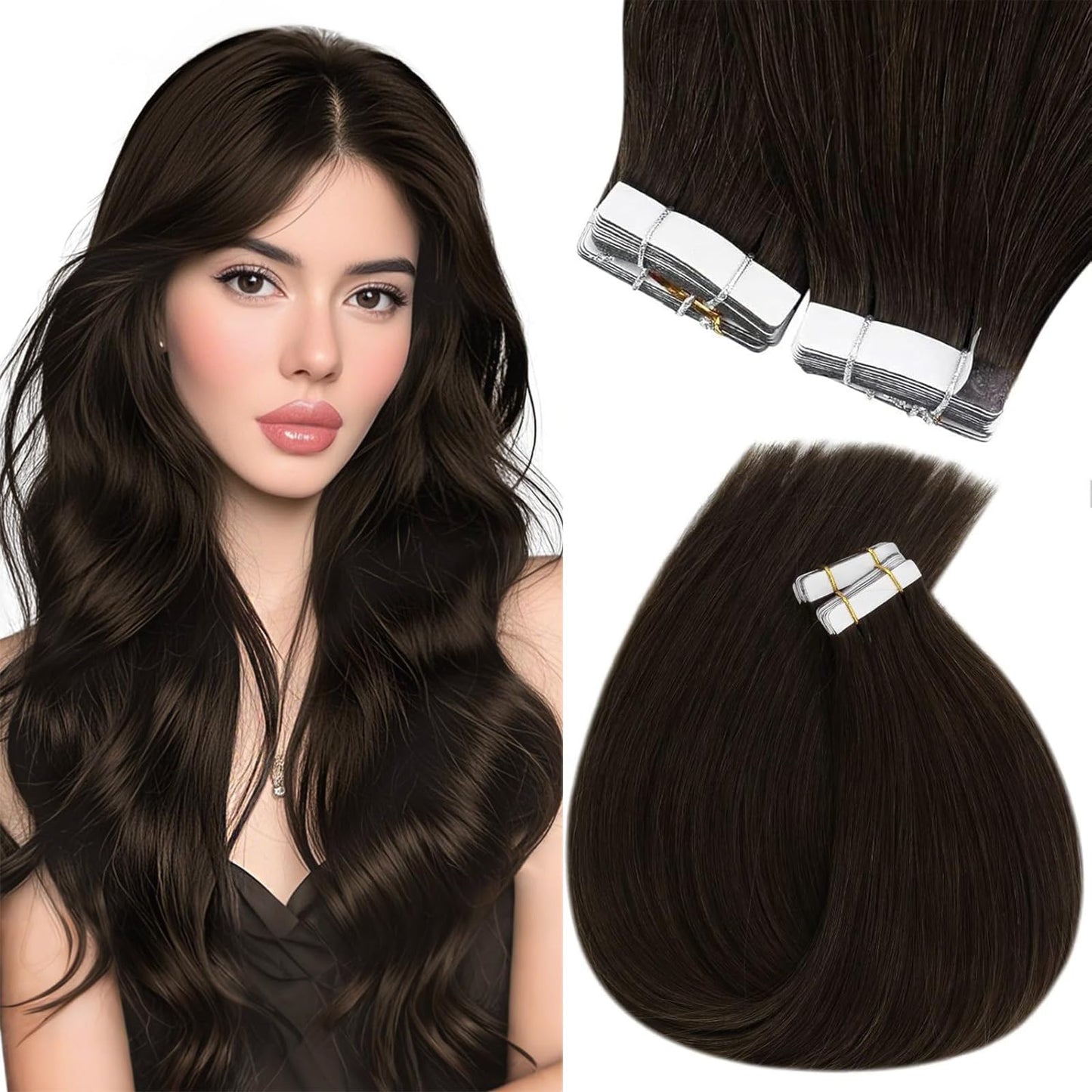 Sunny Hair Tape in Hair Extensions Real Human Hair Invisible Remy Hair Extensions Tape ins for Women Dark Brown 20 inch 20Pcs 50