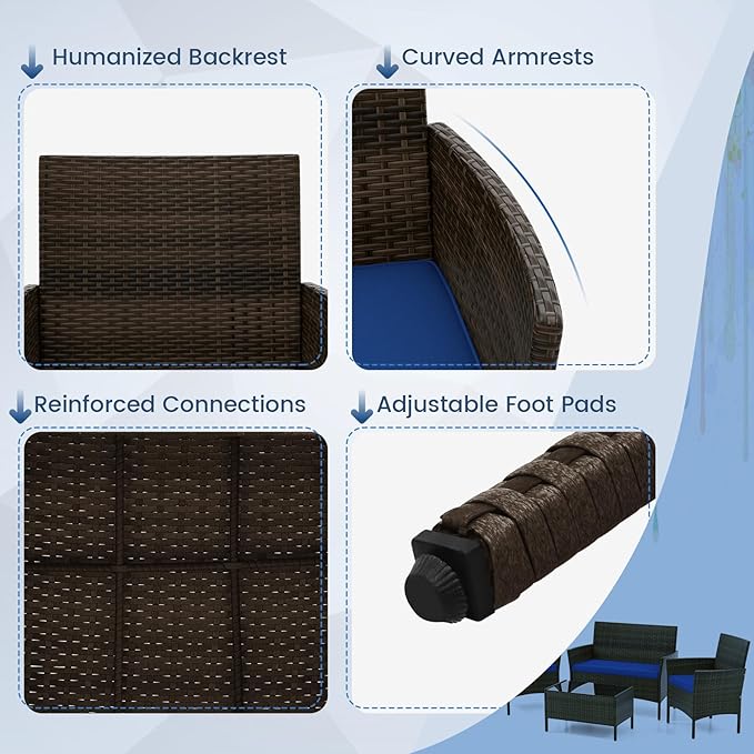 HAPPYGRILL 4 Pieces Outdoor Rattan Conversation Set, Patio Wicker Furniture Set with Loveseat Chairs & Tempered Glass Coffee Table, Outside Sectional Sofa Set for Backyard, Garden Poolside