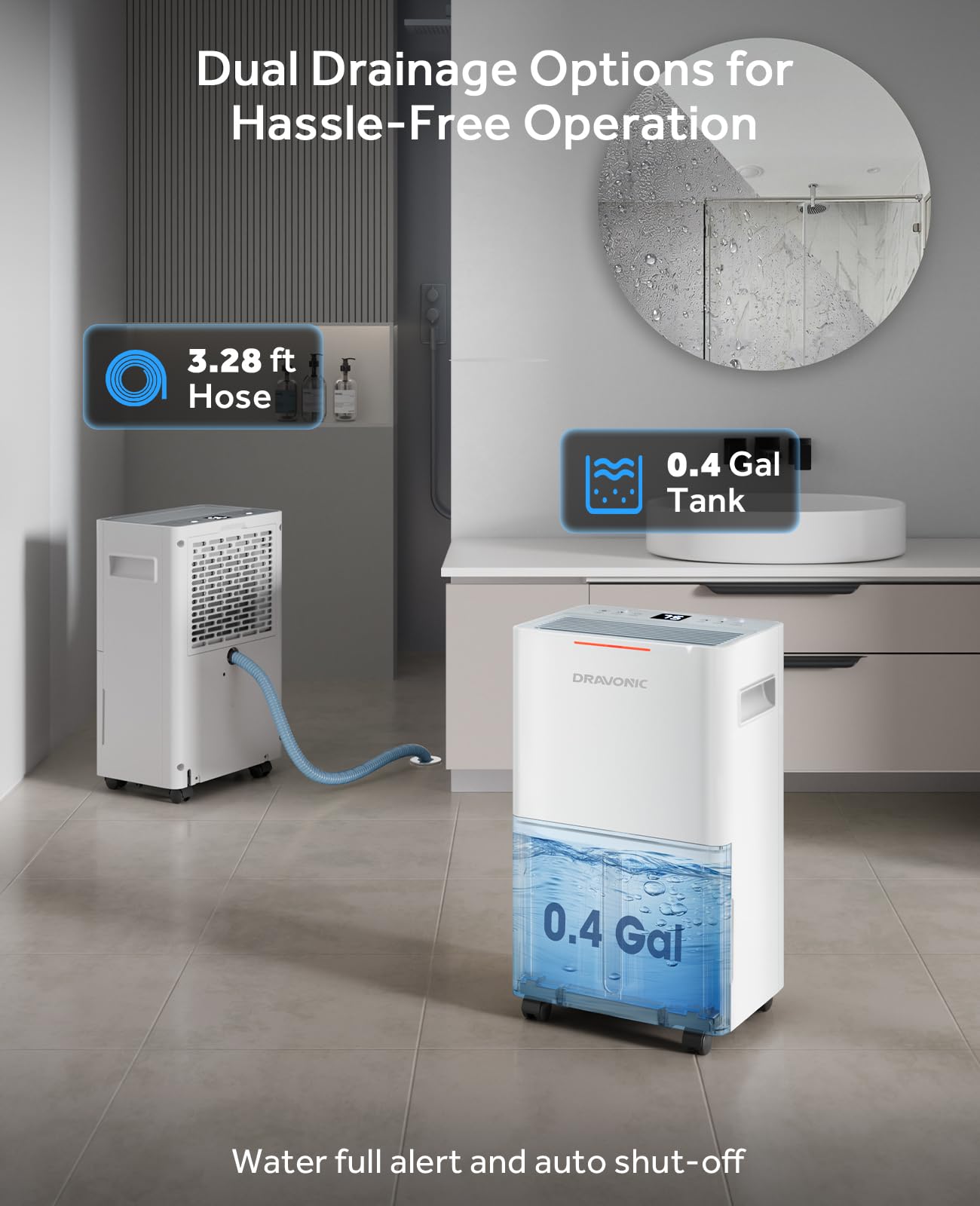 Dravonic 21 Pints Dehumidifier for Basement and Home, Quiet 3-Mode Operation with Continuous Drain Hose, 0.4 Gal Tank, Auto Defrost and 24H Timer for Bedrooms and Bathrooms (White, 21 Pints)