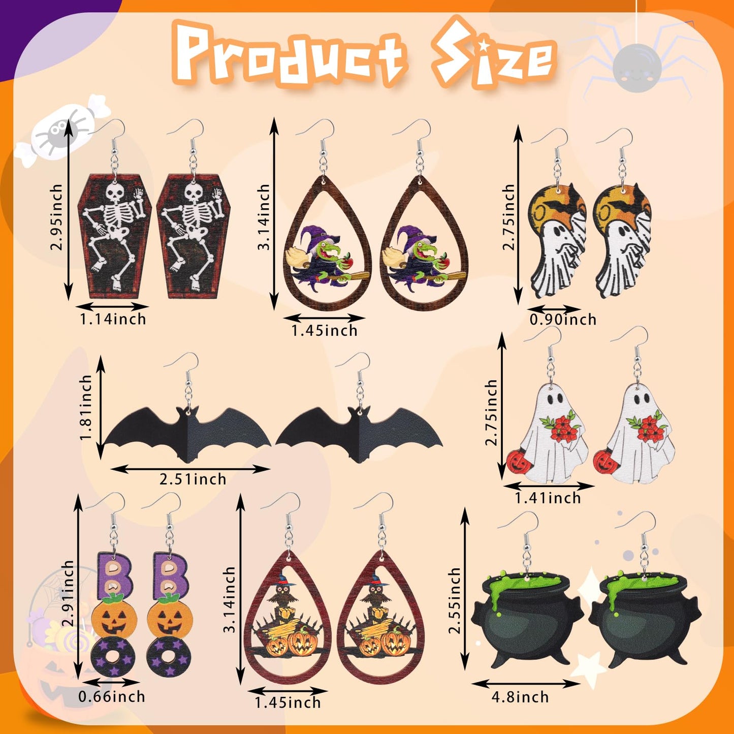 Risyfjew 8 Pairs Halloween Earrings for Women Lightweight Wooden Halloween Drop Dangle Earrings Pumpkins Ghosts Bats Cute Gifts Jewelry for Women