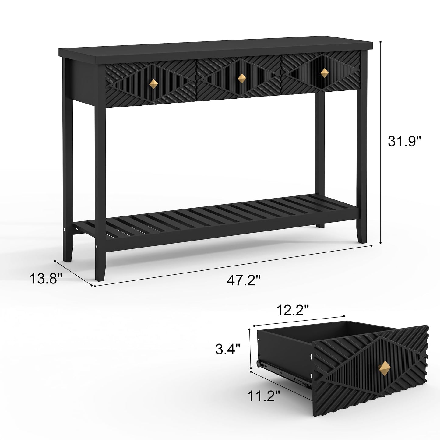 BHAODEAL 47" Console Table with 3 Drawers, Fluted Narrow Long Entryway Table with Storage Shelf, Accent Table for Entryway, Living Room, Behind Couch, Foyer, Hallway, Office
