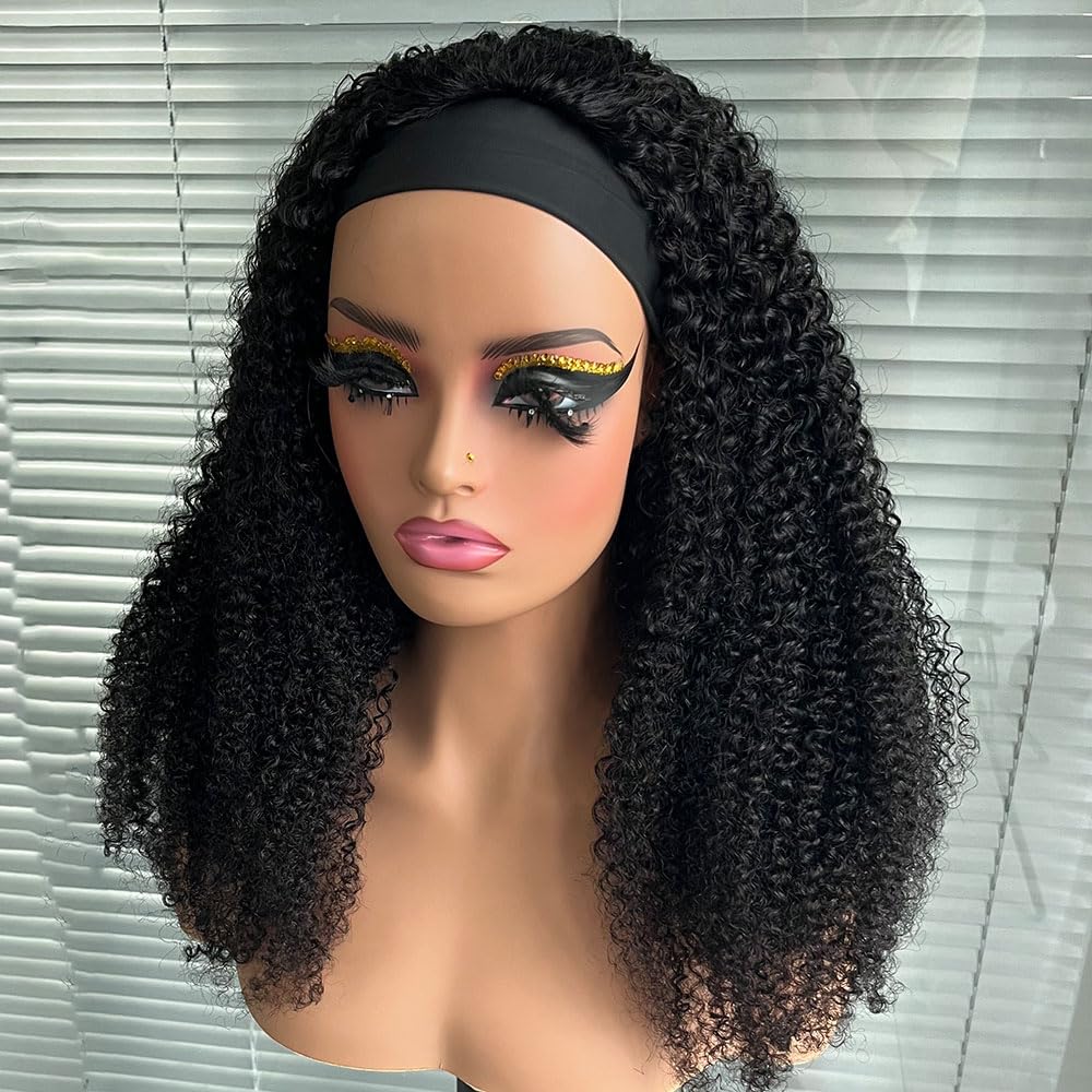 DSEKCAIN Kinky Curly Headband Wig Human Hair 20 inch 200 Density 100% Real Human Hair Curly Headband Wig No Glue No Sew In Gluel
