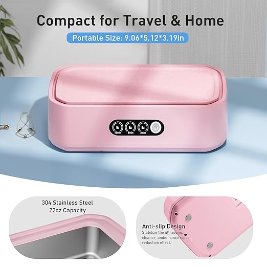 WINTERCRUSH Ultrasonic Retainer Cleaner for Tooth: 50KHz Jewelry Cleaner Deep Cleaning Machine - 650ML Dental Cleaning Pod for Dentures/Mouth Guards/Eyeglasses-3 Timers -Stainless Steel- Pink