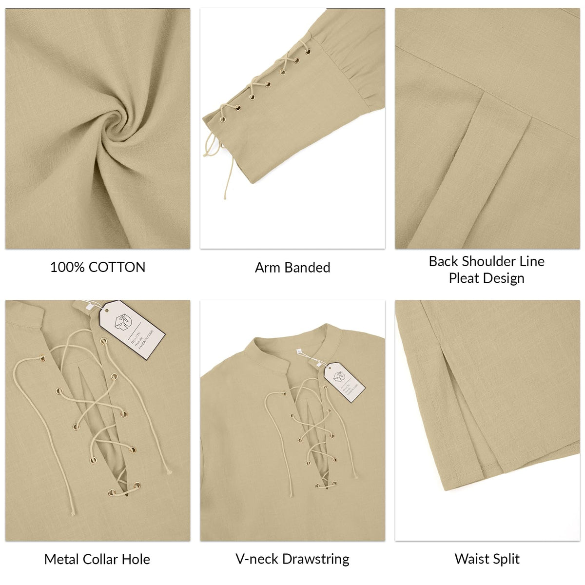 Men's Cotton Linen Shirt Drawstring Arm Banded Tops Medieval Viking Pirate Renaissance Halloween Costume KHAKI M