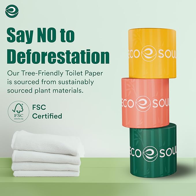ECO SOUL Bamboo Toilet Paper 24 Mega Rolls 3 Ply, 300 Sheets per Roll | Eco-Friendly Septic Safe Organic Bath Tissues Sustainable Toilet Paper Compostable - FSC Certified