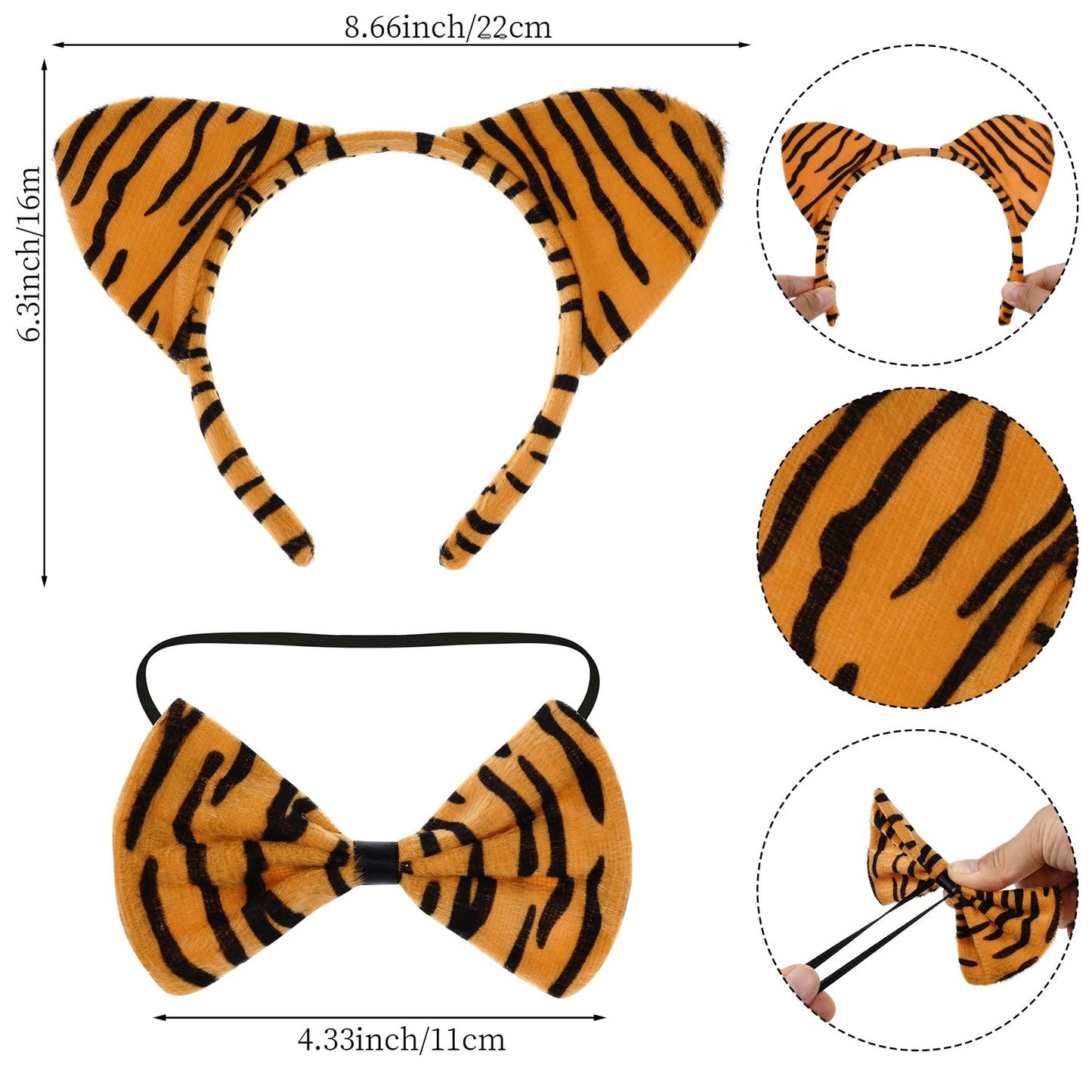 obmwang Tiger Animal Costume Set Tiger Ears Headband Bow Tie Tail Kit, Dress Up Halloween Accessories
