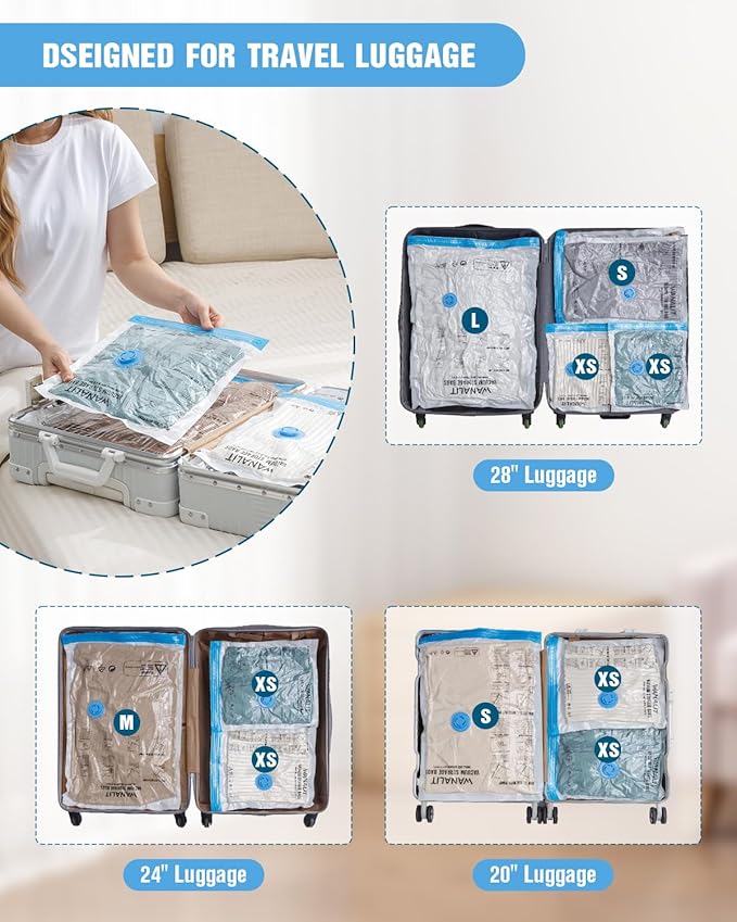 Travel Vacuum Storage Bags with Hand Pump, 12 Pack (4M+4S+4XS) Vacuum Seal Bag Travel Essentials Space Saving Bags for Clothes, Luggage, Carry-on Suitcase, Backpack, Holiday Business Trip