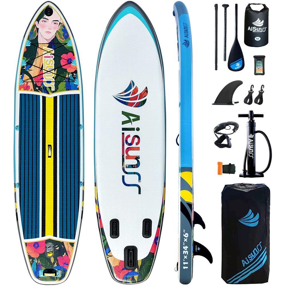 AISUNSS Inflatable Paddle Board for Adult, Paddle Board for All Skill Levels, Wide SUP Board with Primium Accessories Include SUP Carry Bag, Hand Pump& 10L Waterproof Bag (Boys)