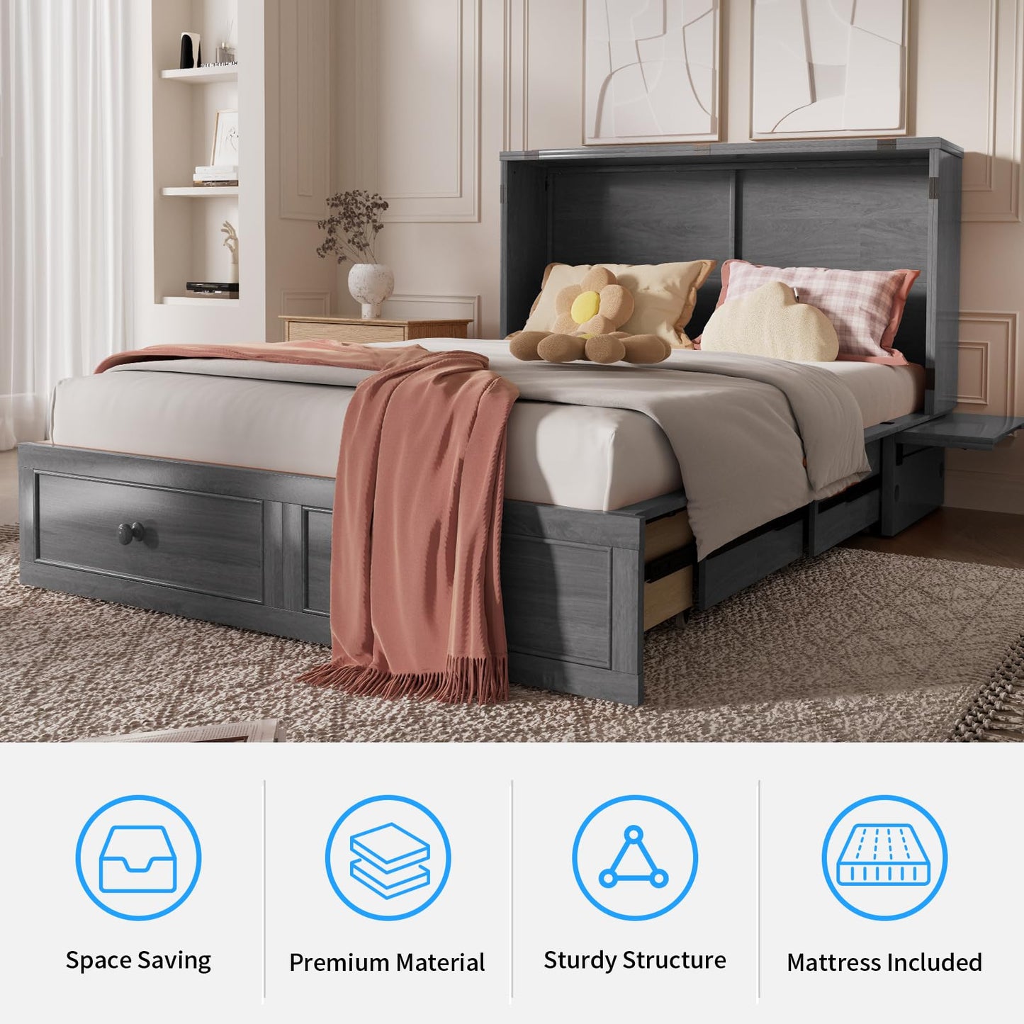 PUREMIND Queen Murphy Bed with Storage Drawers, Camas Con Colchon Incluido, Hideaway Chest Beds with Built-in Charging Station, Murphy Bed Queen Space-Saving Wall Beds for Bedroom