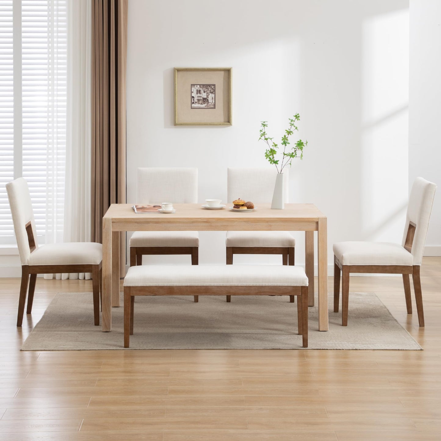 LZAREAL Modern Farmhouse Dining Chairs with Open Back Set of 4 Upholstered Linen Wood Dining Room Chair with Back Wooden Chairs for Restaurant Dining Room Kitchen, White