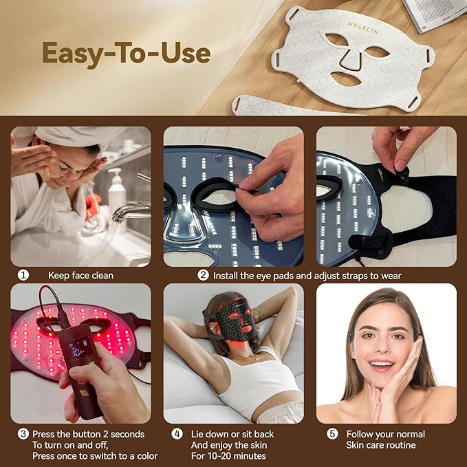 MEGELIN 7 Colors Led Light Therapy Facial Mask, Face Light Therapy Mask for Face, Reduce Wrinkles Smooth Skin, Infrared Light Skin Rejuvenation(Black)