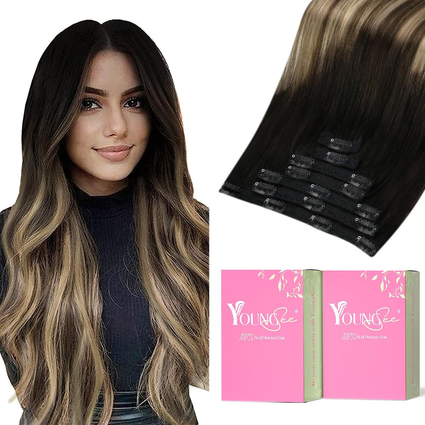 YoungSee Clip in Hair Extensions Real Human Hair Ombre Clip in Extensions Black to Blonde with Brown Balayage Clip in Hair Exten